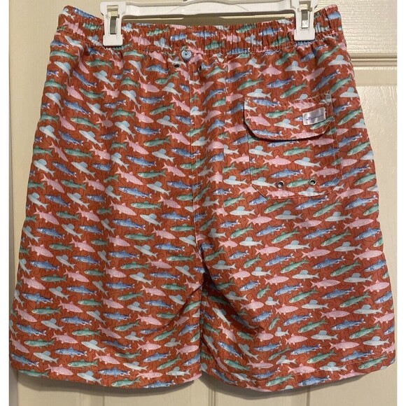 PETER MILLAR SEASIDE Mens L Pink Blue Fish Print Mesh Lined Swim Trunks Shorts - Picture 2 of 8